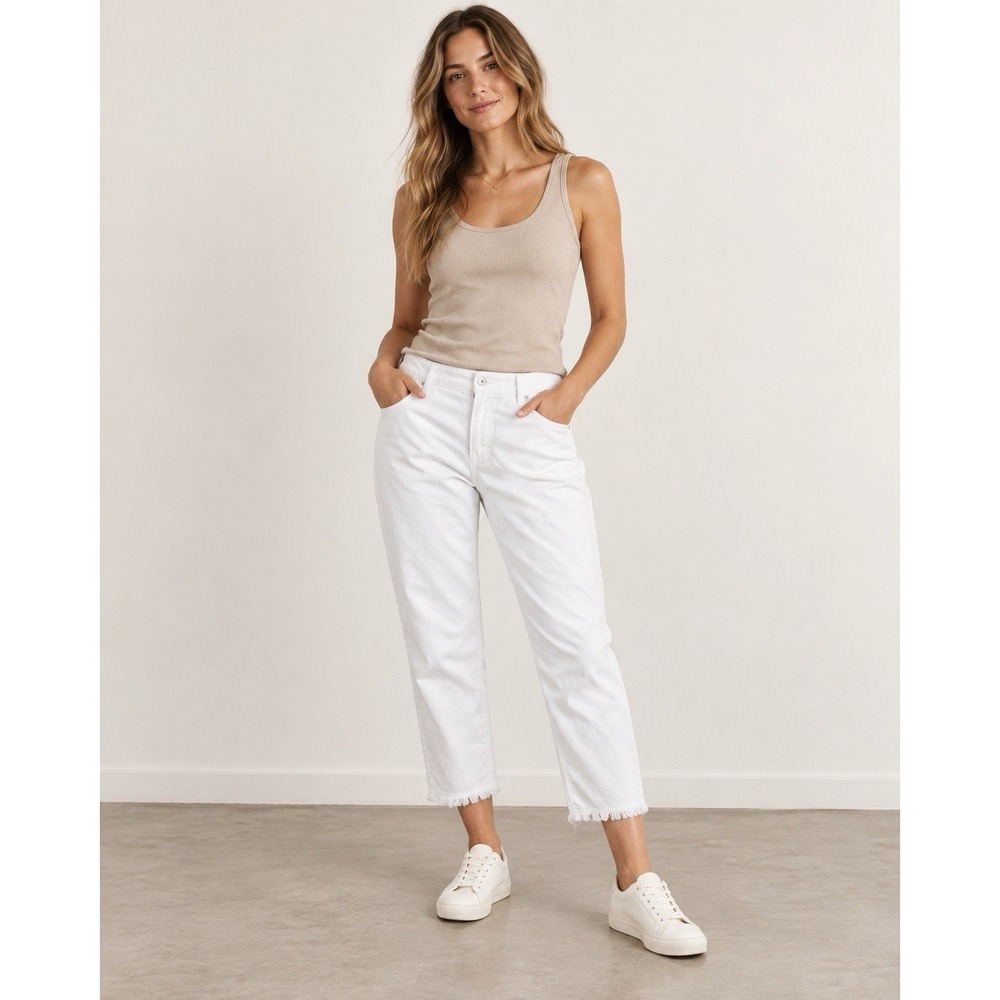 J. Jill Cropped Denim Jeans Womens 8 White High Rise Stretch Fringe Hem Pants